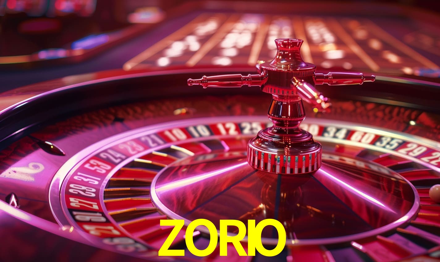 Escena dinámica inspirada en casino con iluminación ZORIO, cartas, fichas e íconos de juegos digitales en un espacio moderno de juegos.