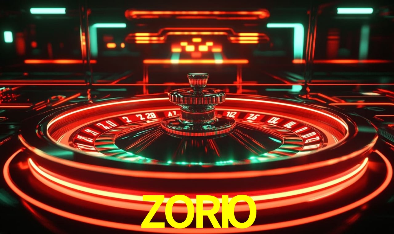 Una escena digital vívida inspirada en casino con ZORIO mostrado prominentemente, luces brillantes, fichas, cartas y acentos dorados.